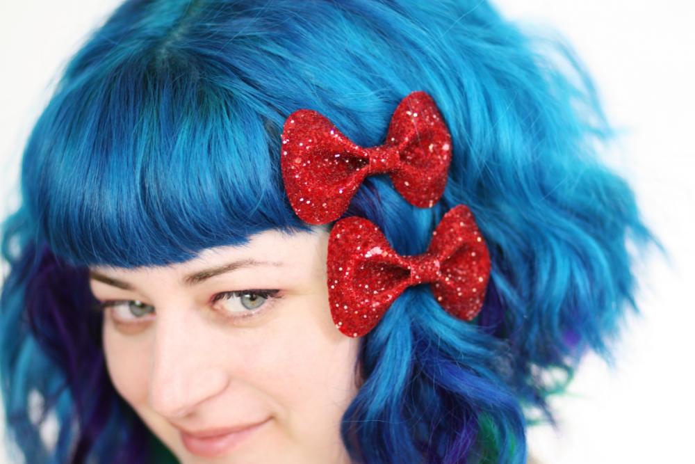 Dark Red Bow Clips, Glitter, Hair Accessories, Cute Kawaii Bows