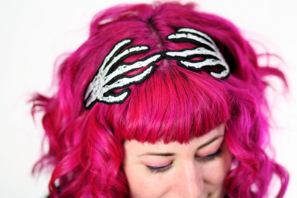 Skeleton Hands Headband, Wired Hair Band, Grey and White embroidered