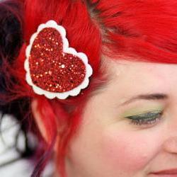 Heart Hair Clip, Red Glitter Heart, White Scallop Edge, Hair Barrette