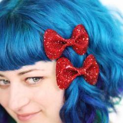 Dark Red Bow Clips, Glitter, Hair Accessories, Cute Kawaii Bows