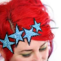 Blue Stars Headband, Glitter, Aqua Blue & Black